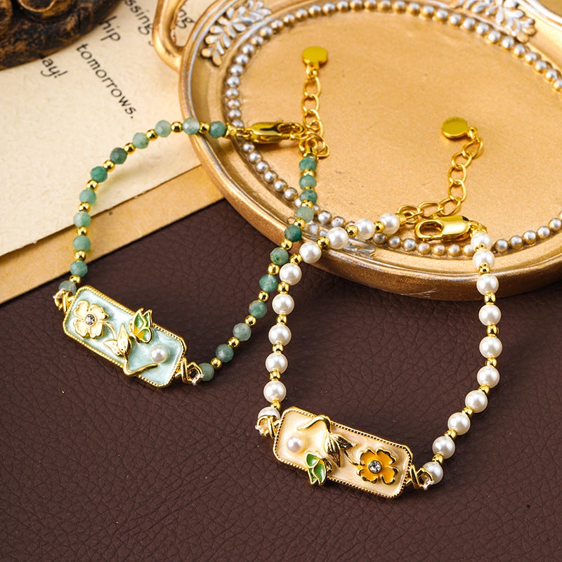 Original Simple Elegant Oil Dropping Flower Butterfly Pearl Bracelet High-End Niche Light Luxury Beaded Bracelet For Women - Image 3